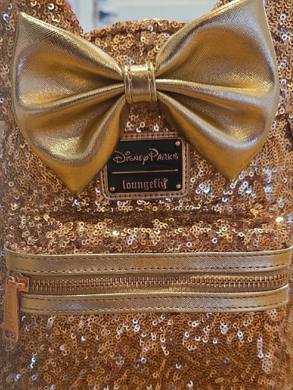 Loungefly Rose Gold Sequin Mini Backpack with Metallic Bow